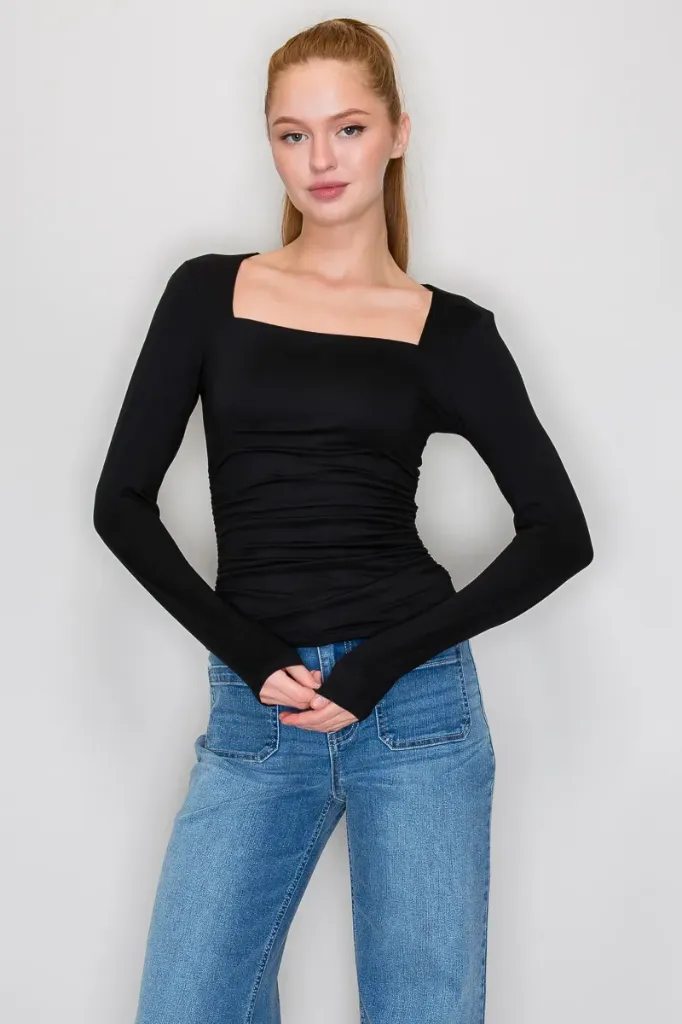 IT93198A Top de Manga Larga con Escote Cuadrado (Black, S)