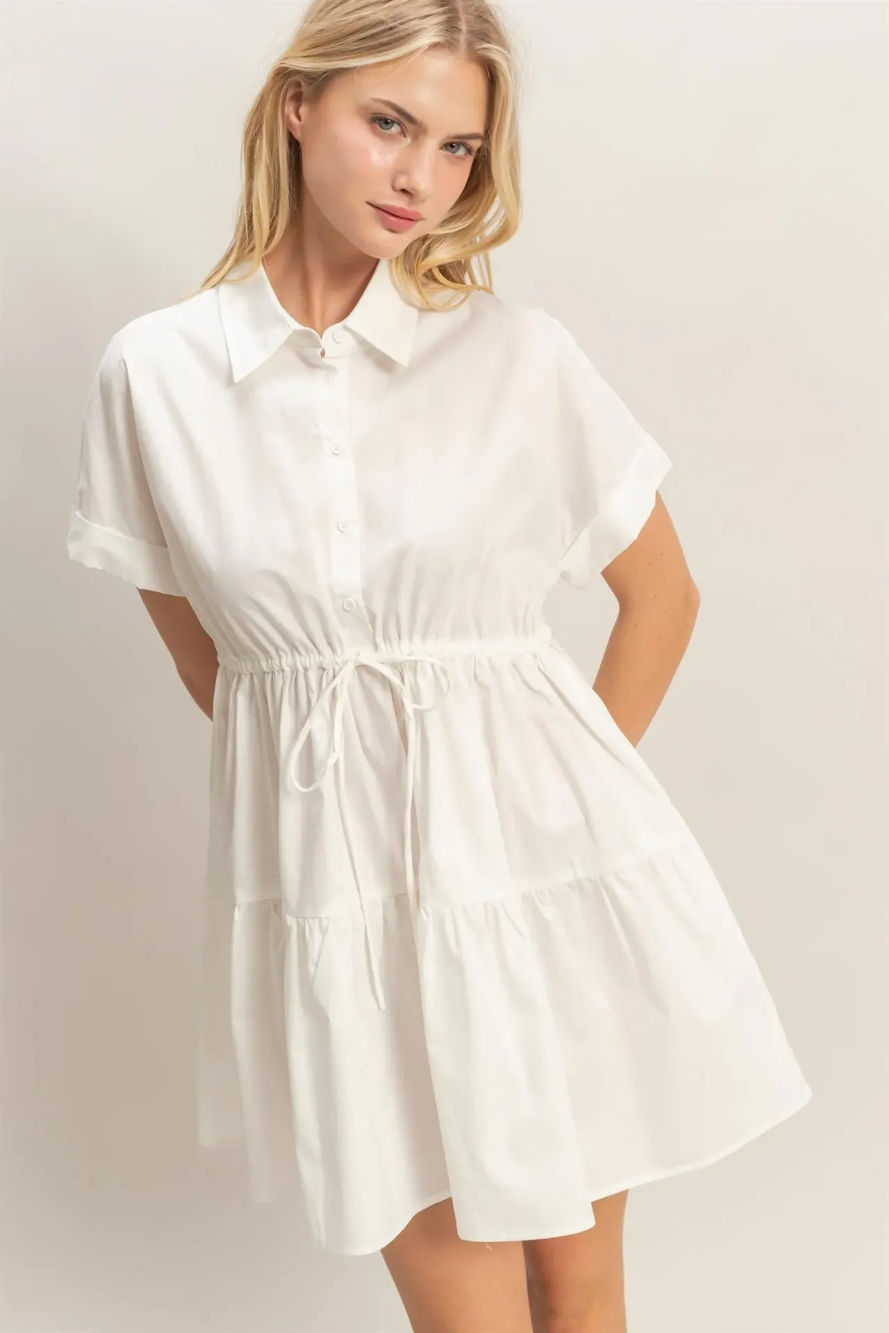 HF26C412 Collared Short Sleeve Tiered Dress