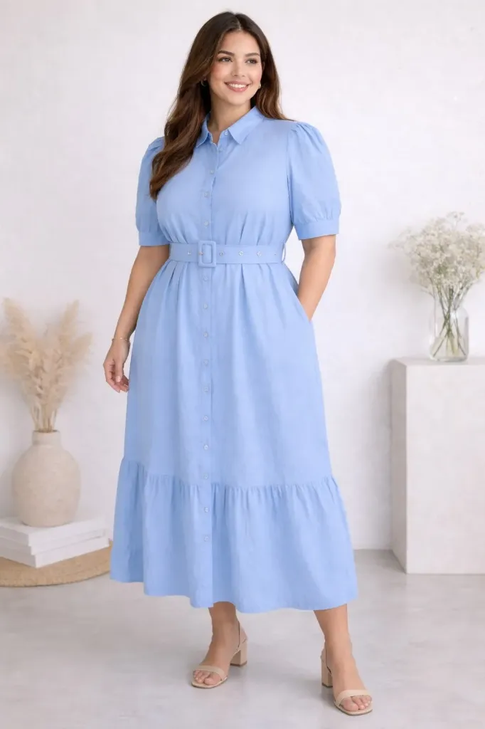 M10852WX Belted Button Midi Dress (Blue, XL)