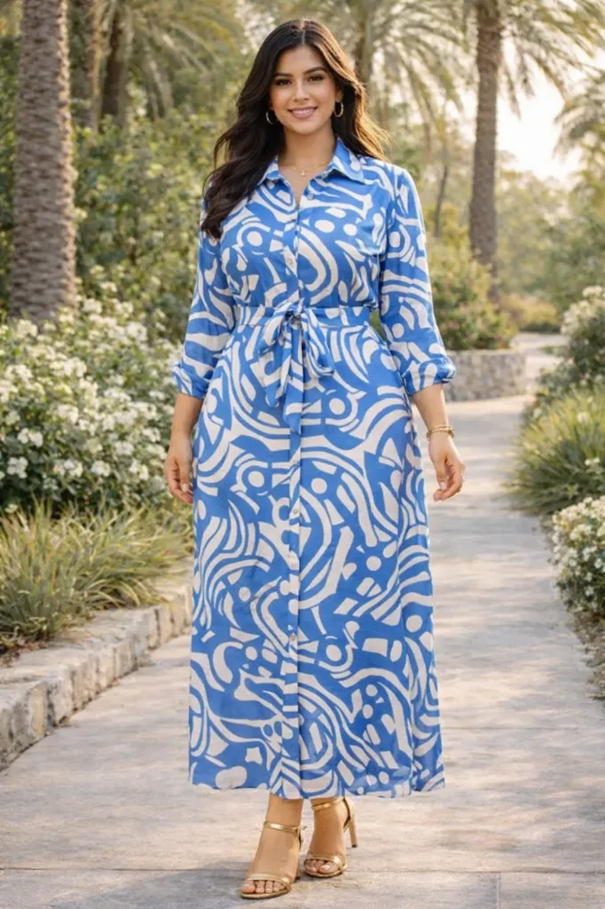 M51455WX Abstract Print Belted Shirt Midi Dress (Blue, XL)