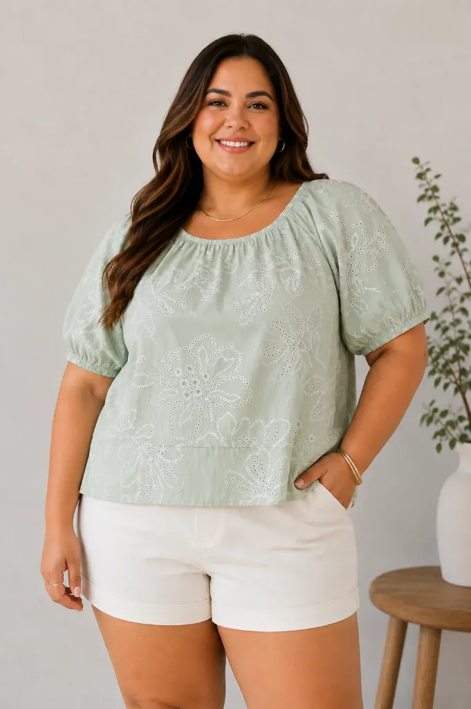 T10860WX Blusa de Broderie con Manga Globo (Green, 2XL)