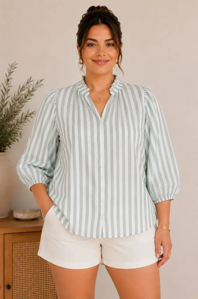 B51473WX Stripe Puff Sleeve Top