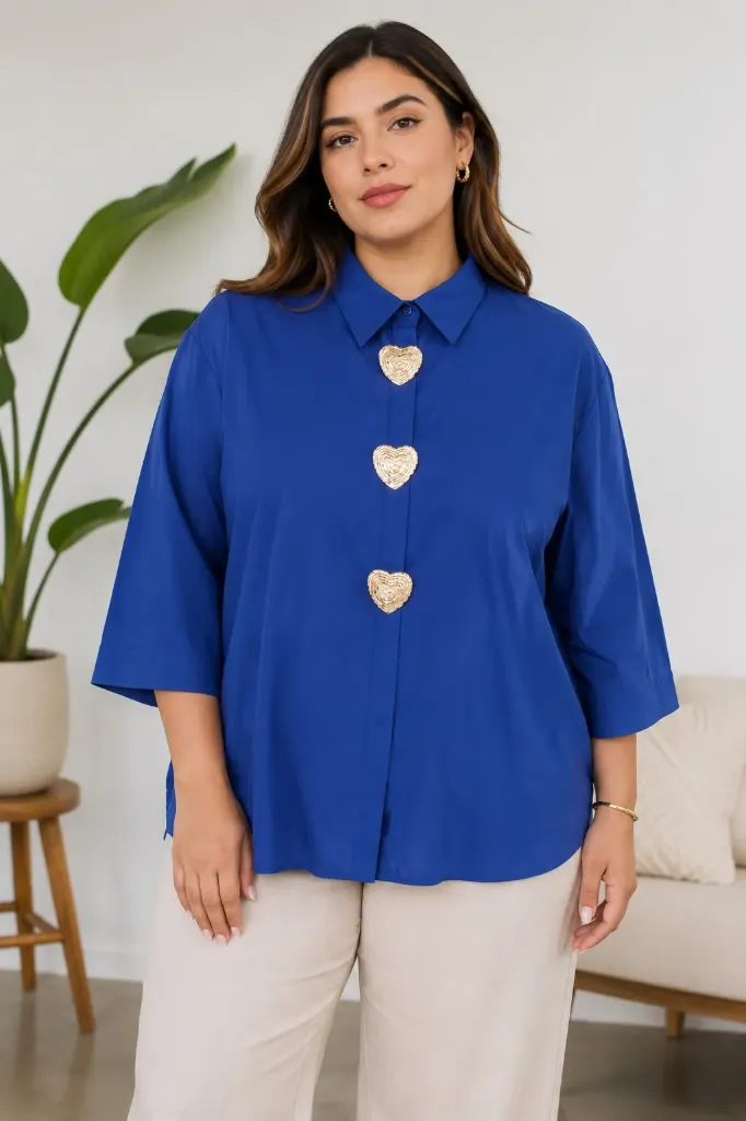 B51476WX Heart Button Collared Blouse (2XL)