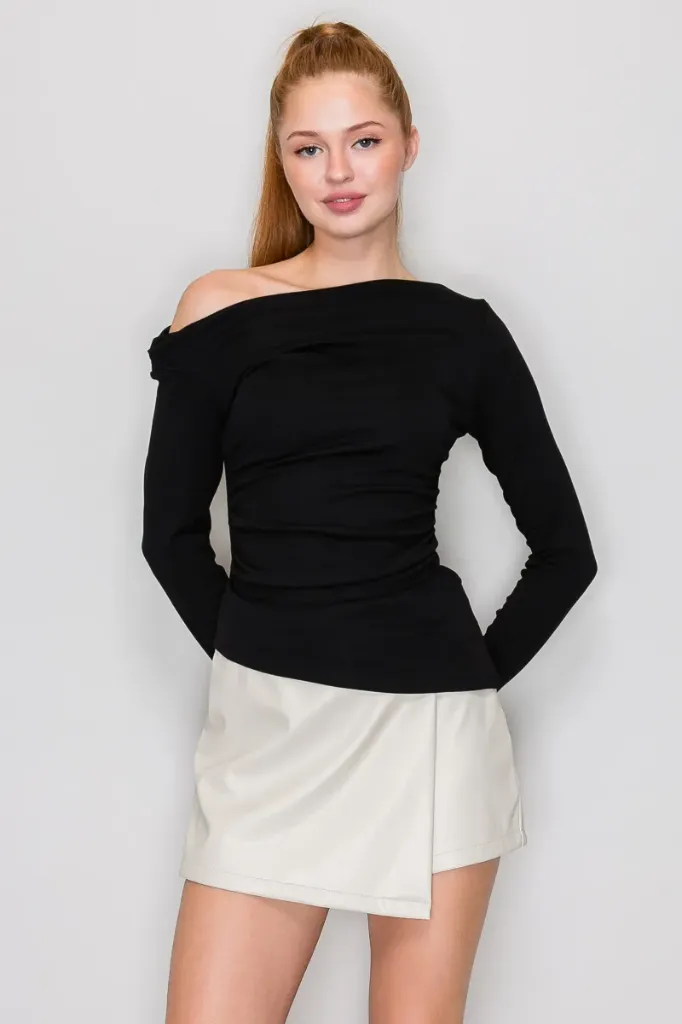 IT93646 Asymmetrical Cowl Neck Rib Top (Black, S)