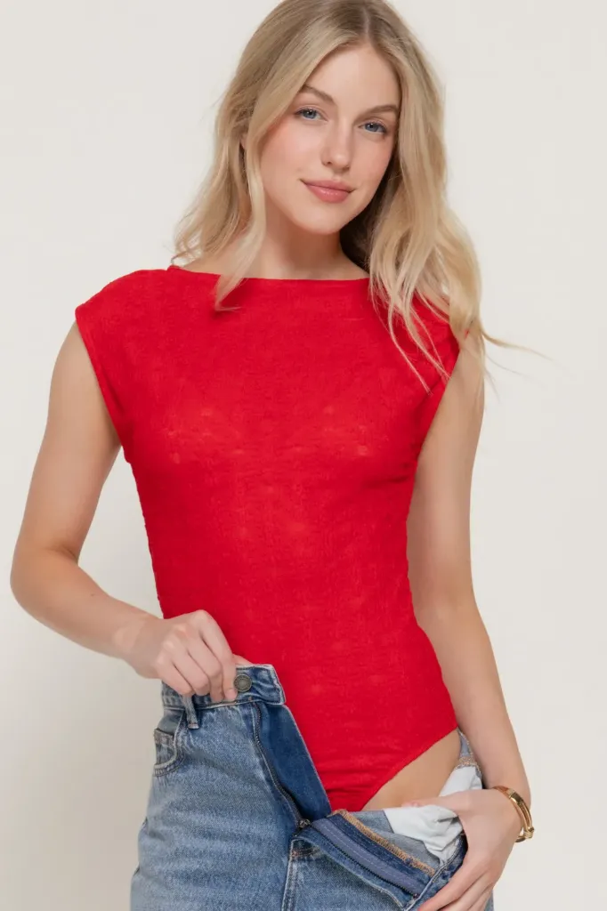 P15220 Sleeveless Boat Neck Stretch Lace Bodysuit