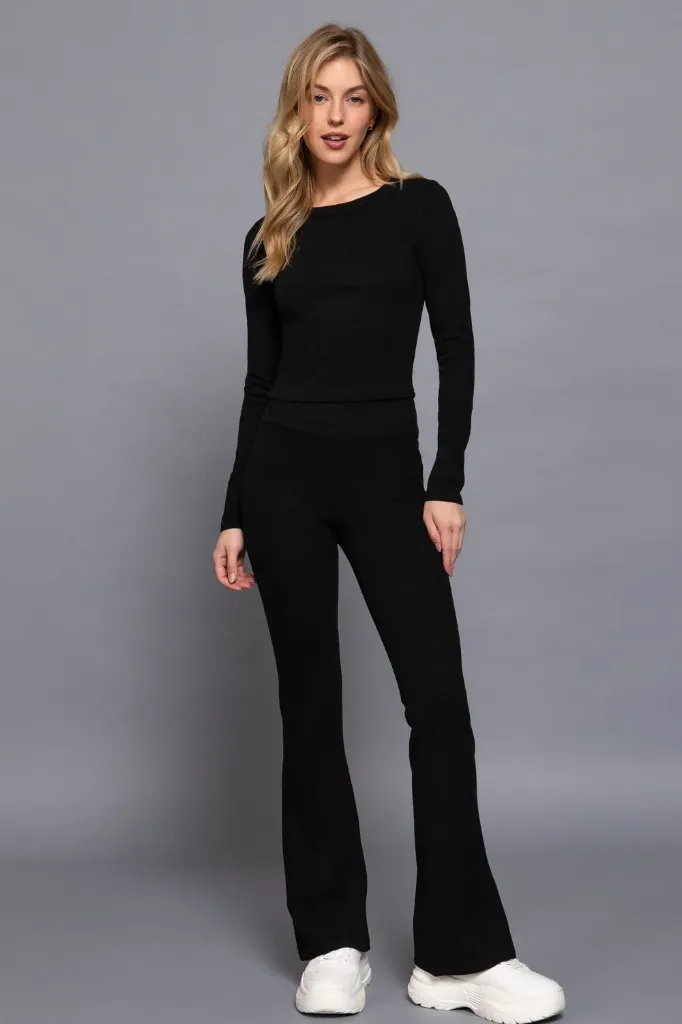 T14034 Ribbed Set: a Long-sleeve Crop