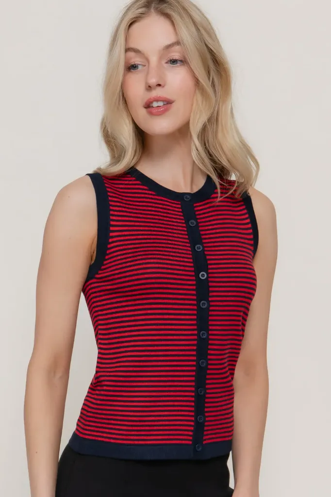 T14934 Sleelveless Button Down Stripe Sweater Top