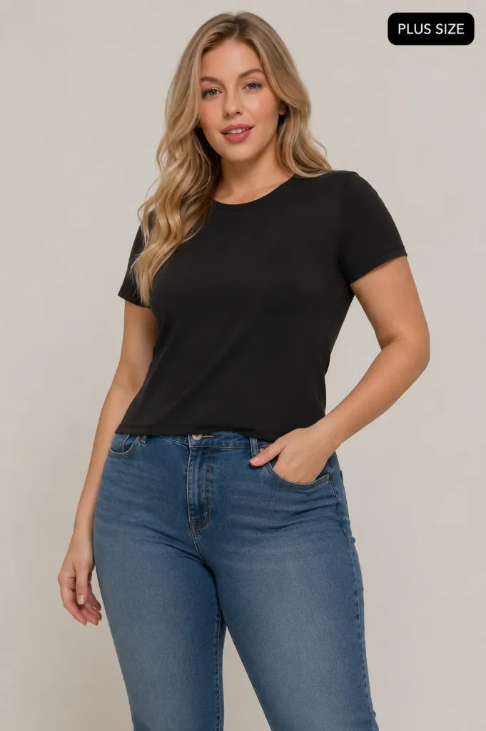T74495 [PLUS] Short Slv Double Layer Knit Top