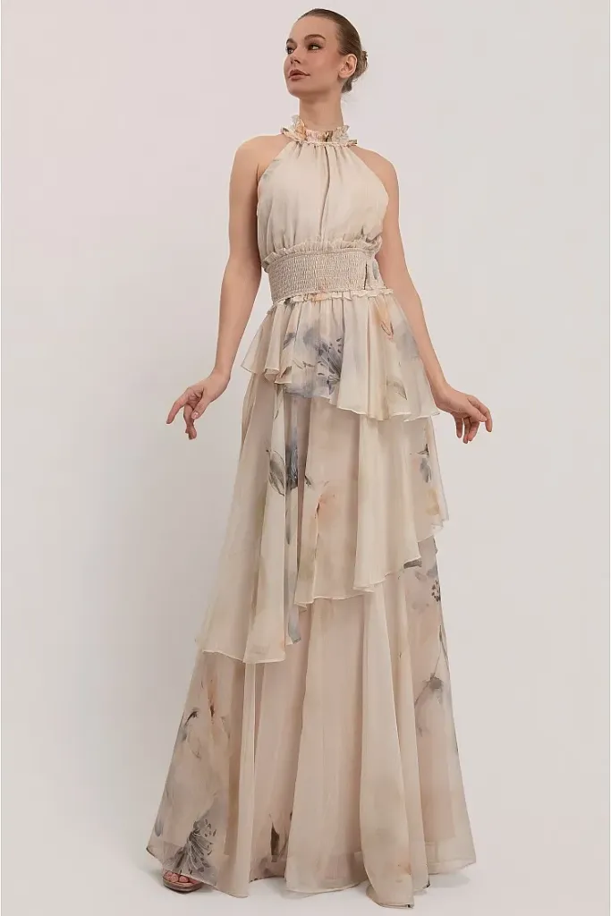 RVD6932 Halter Neck Flower Print Tiered Maxi Dress