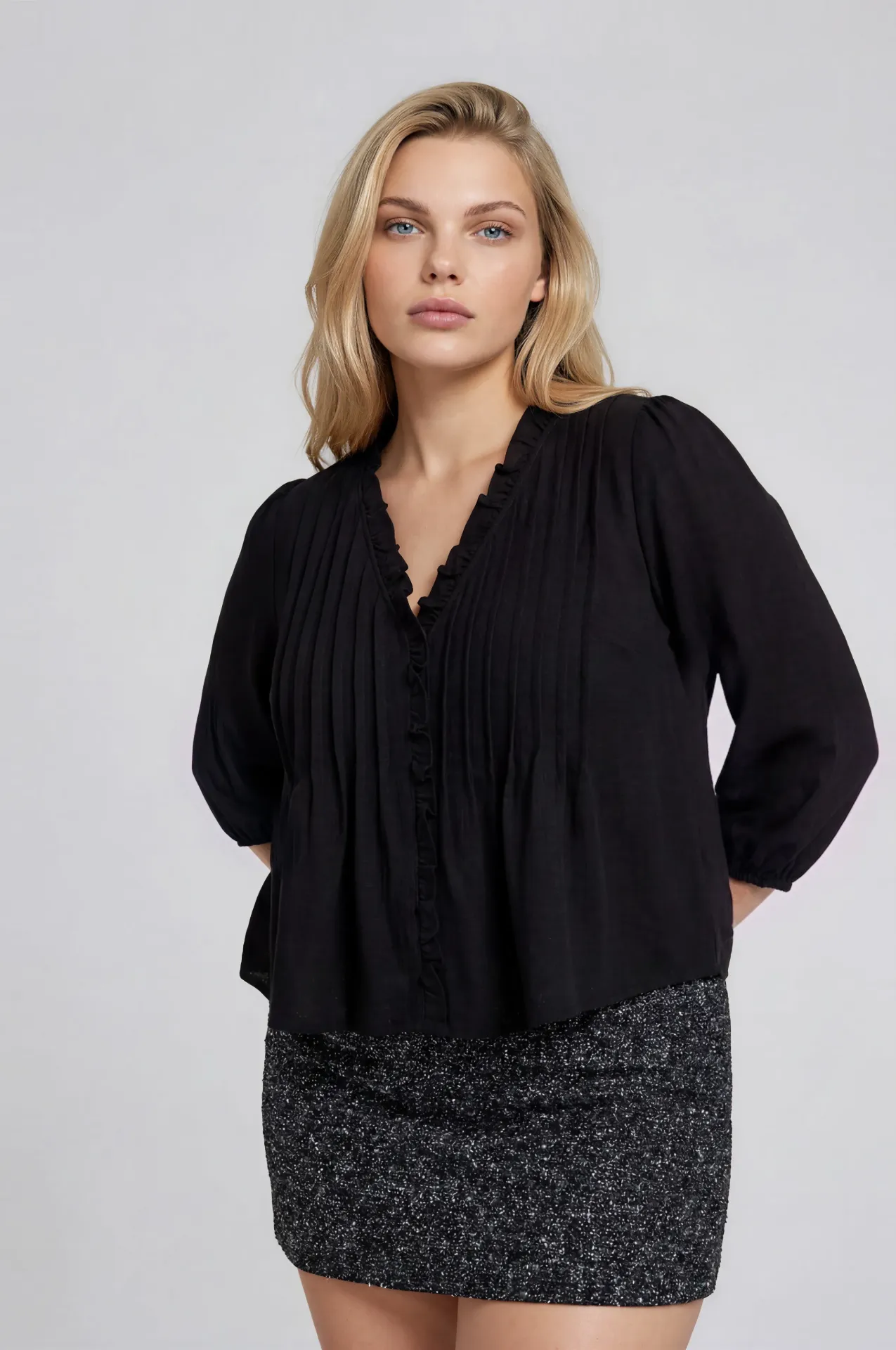 PCR3000 Plus 3/4 Sleeve Ruffle Trim Pintuck Detail Blouse
