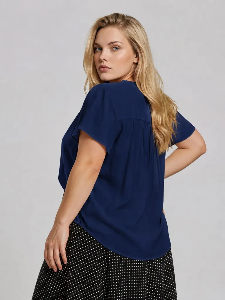 PTB9338 Plus Ruffled Yoke Short Sleeve Henley Blouse