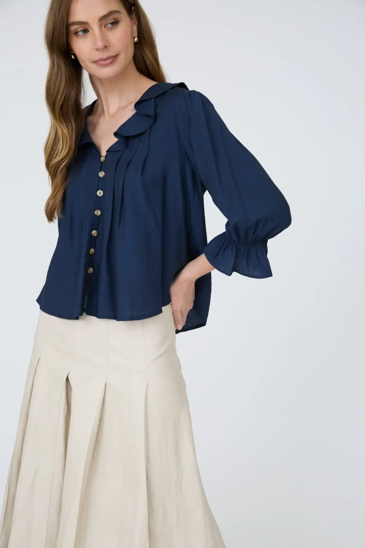 TB9330 Blusa con Olán (Navy, S)