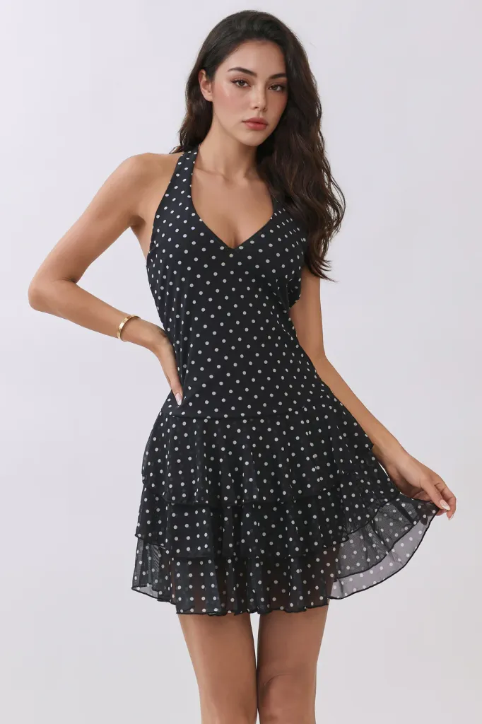LD56938P Ruffle Down Mini Halter Dress W/ Shorts