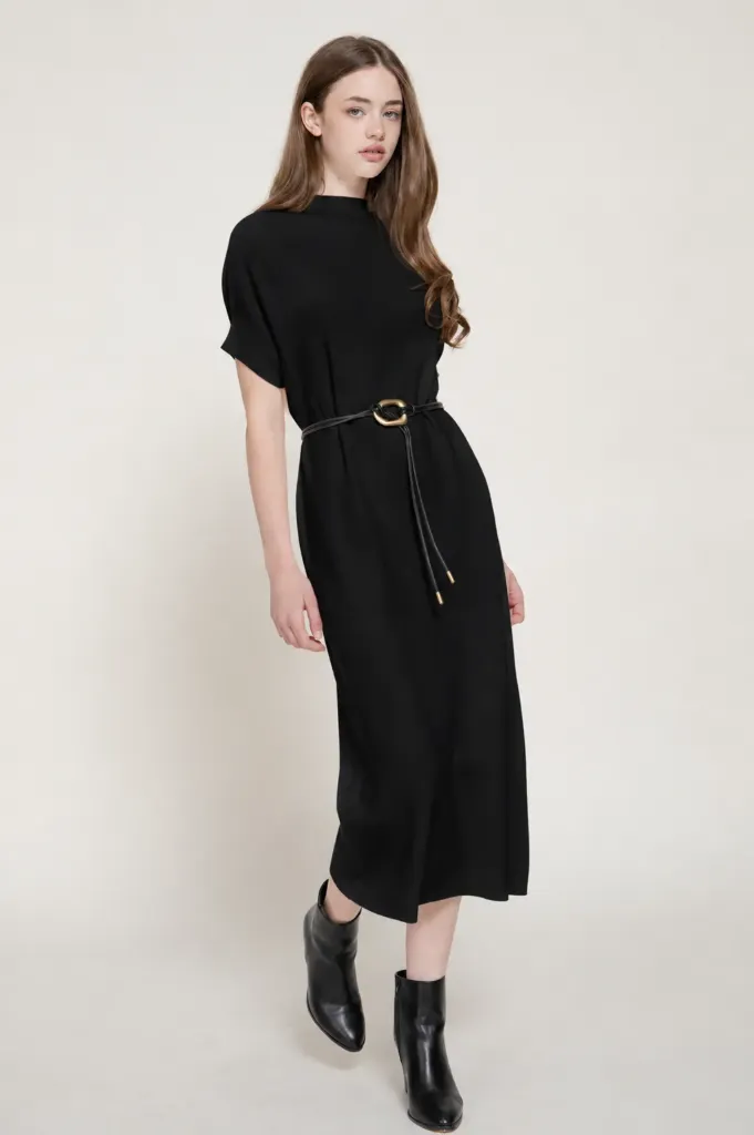 D15520 Vestido Midi de Manga Corta con Cinto (Black, S)