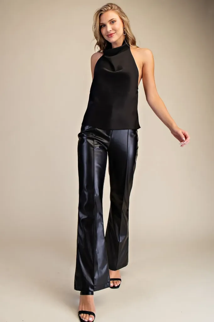 T9167 Top de Satín con Cuello Halter Drapeado (Black, S)