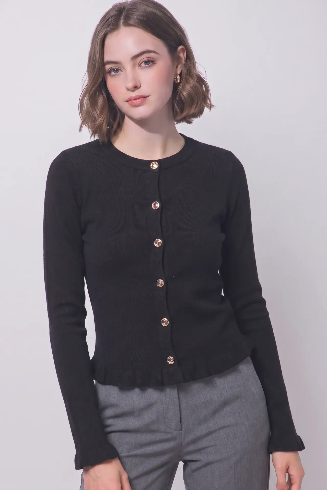 90425CL Cardigan de Canalé con Botones (Black, S)
