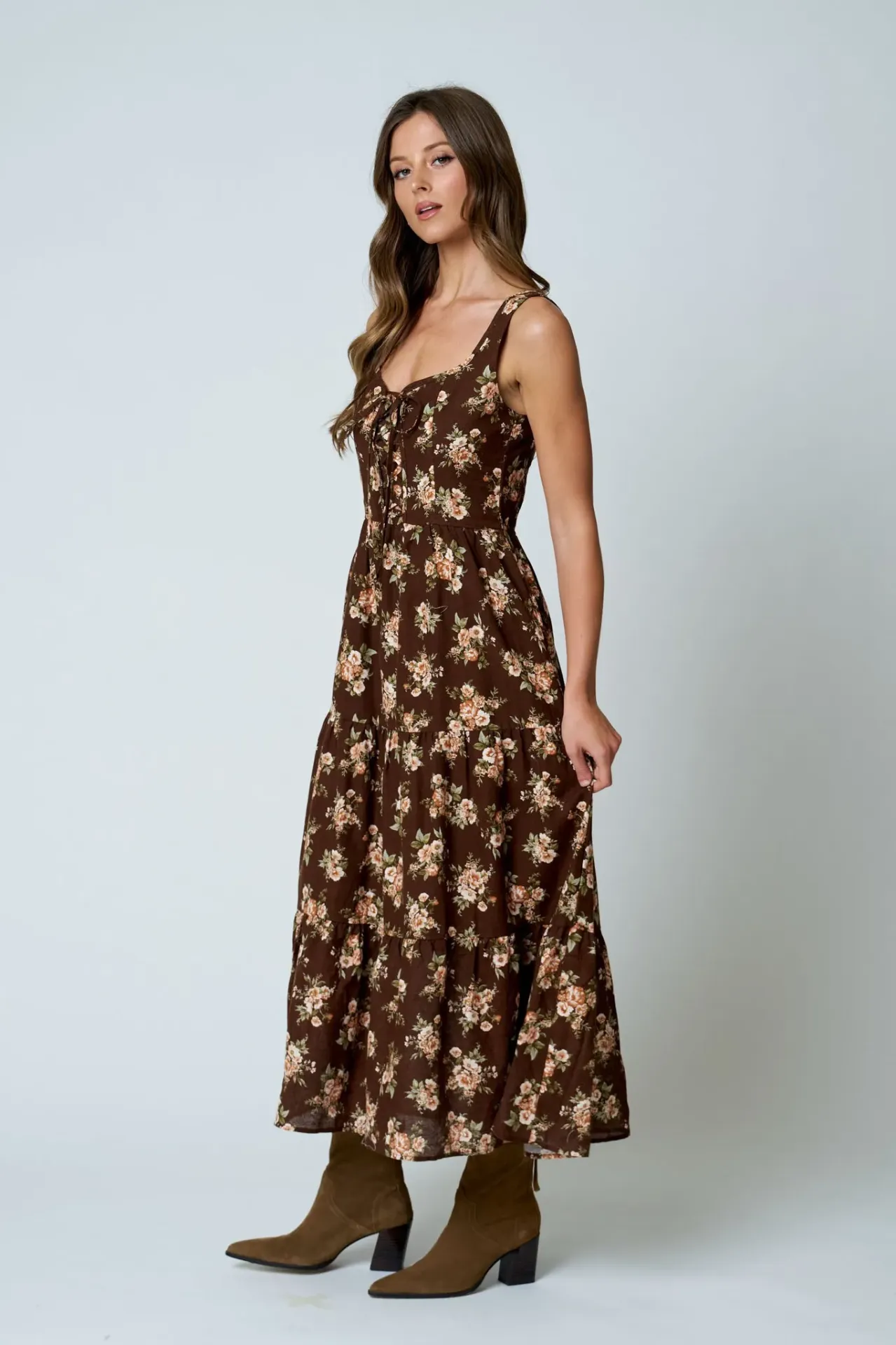 B6FD1004 Vestido Largo con Estampado Floral (Brown, S)