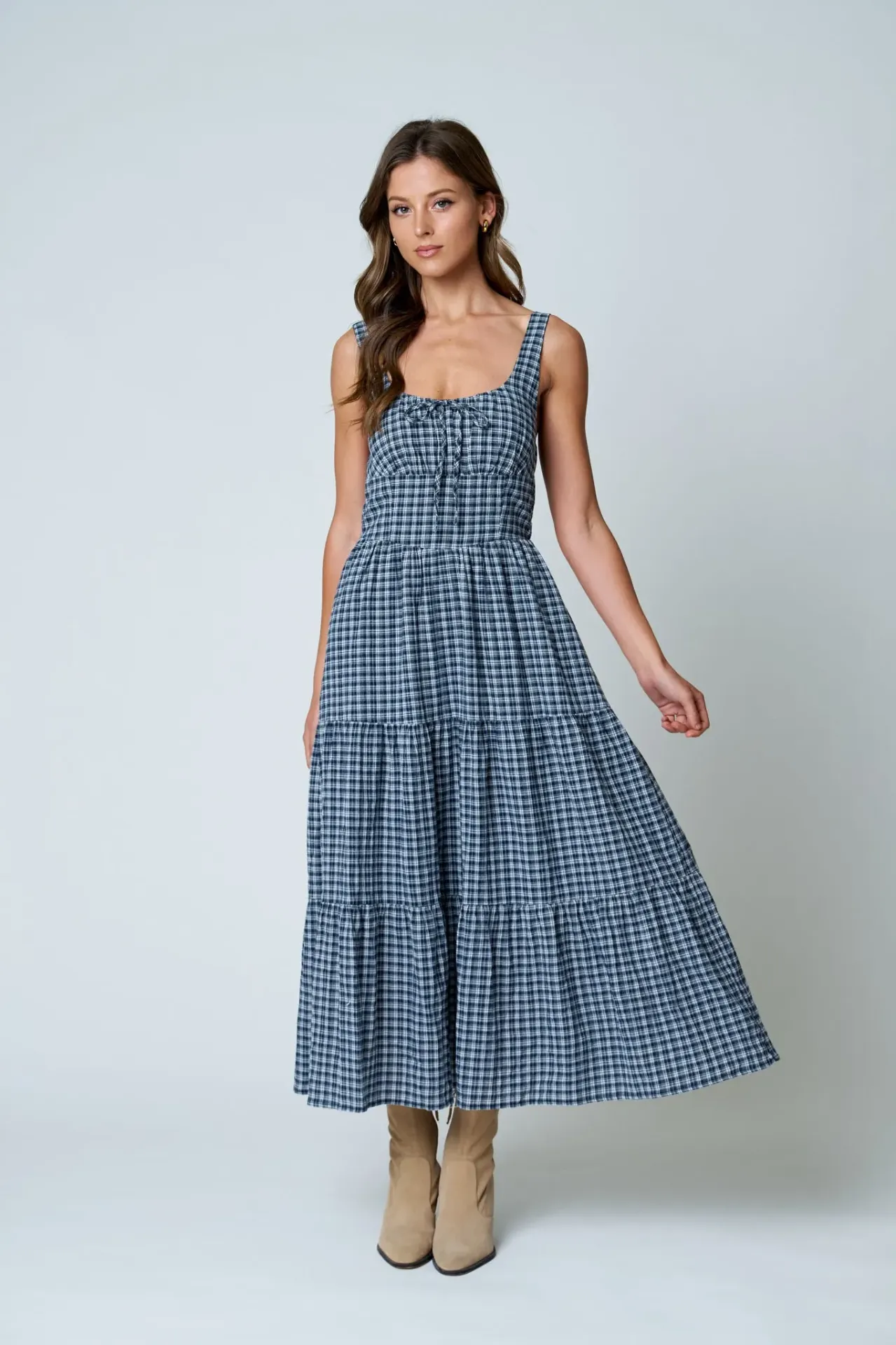 B6FD1107B Vestido Largo de Cuadros con Tirantes (S)