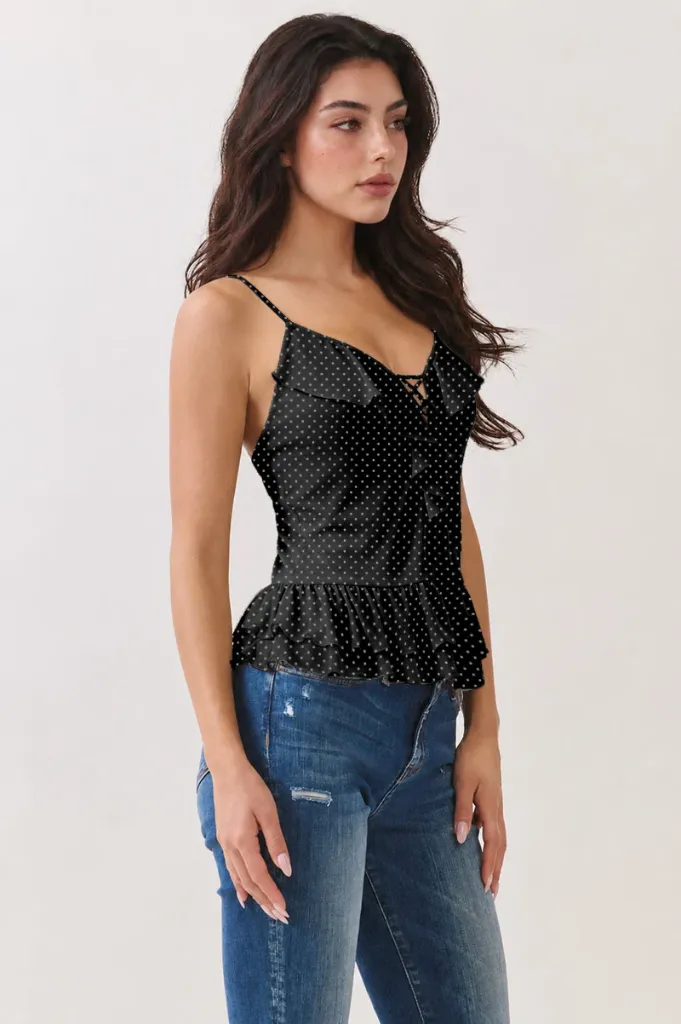 LC57704P Blusa de Encaje con Olán en la Cintura