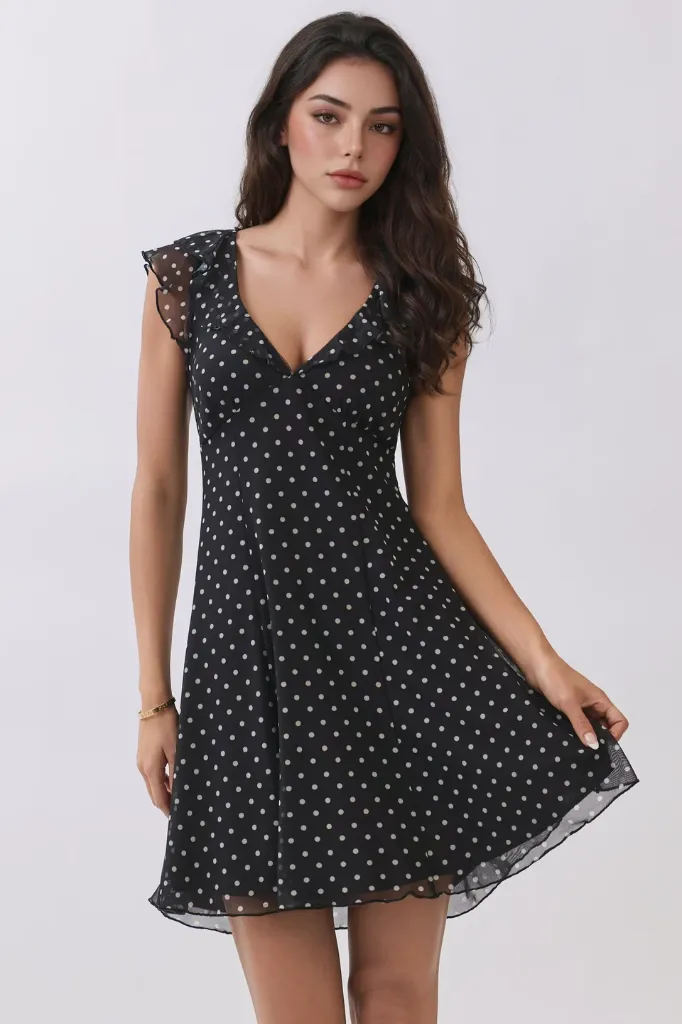 LD57177P Vestido Corto de Lunares con Manga