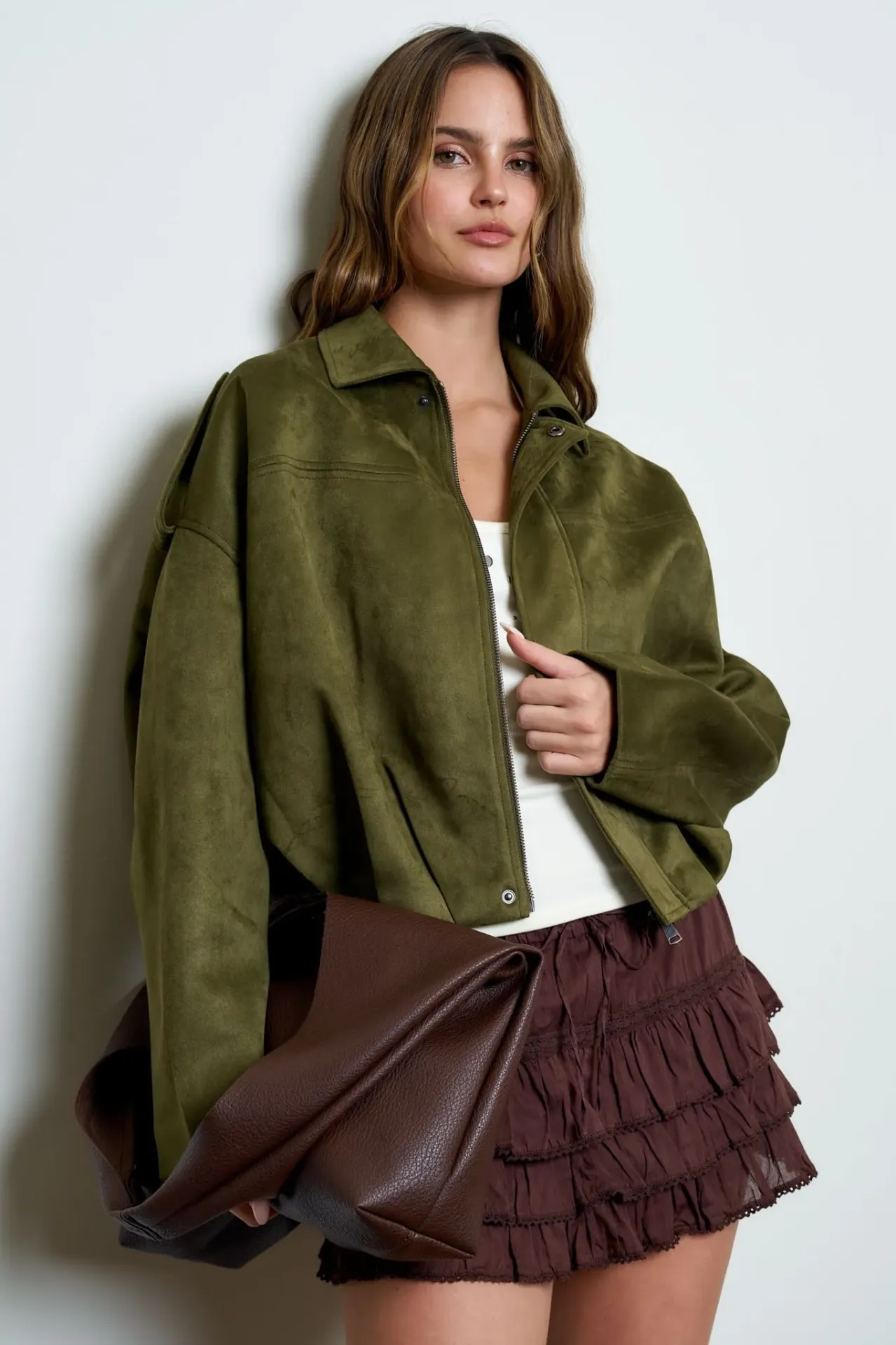Suede Epaulet Collared Zip-up Cropped Jacket