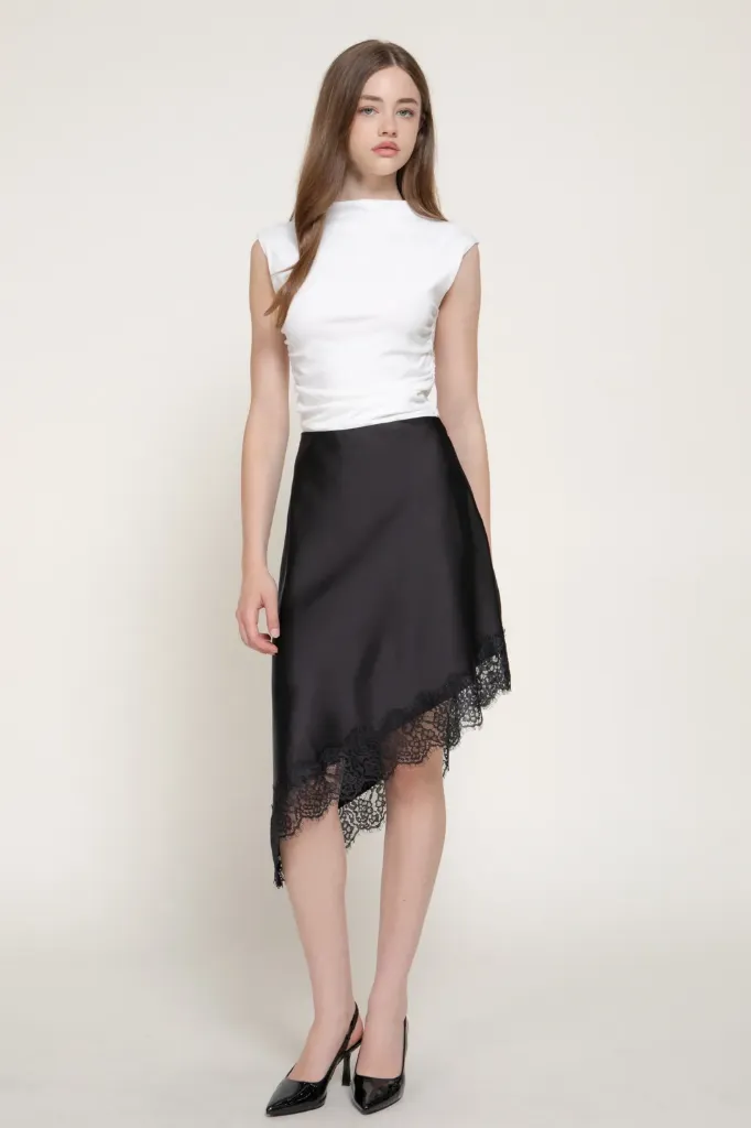 S15499 Falda de Satín con Corte Asimétrico (Black, S)