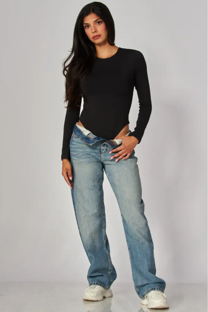 VERA-51BS Body de Manga Larga con Cuello Redondo (Black, S)