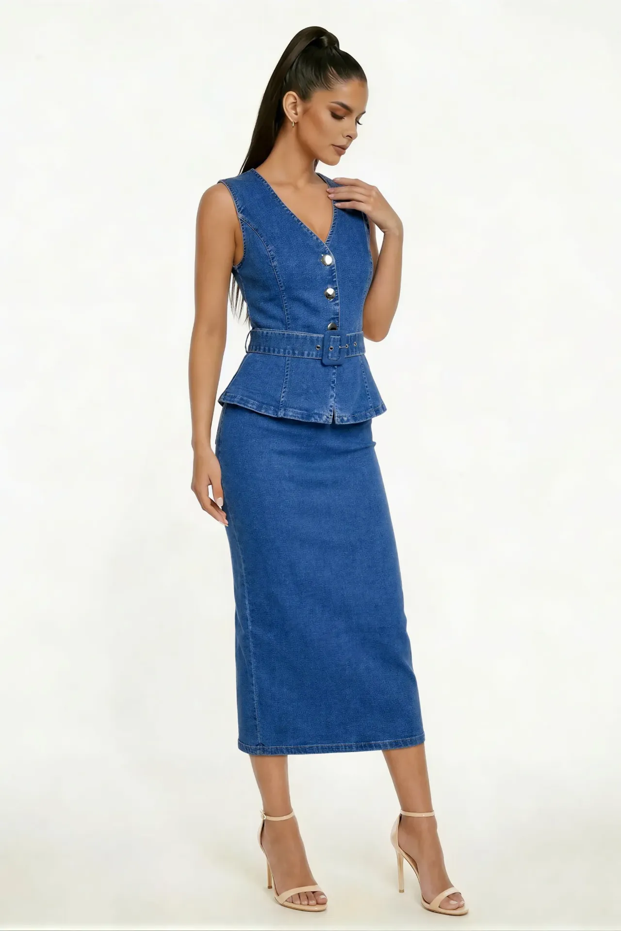 Peplum Belted Denim Dress (S)
