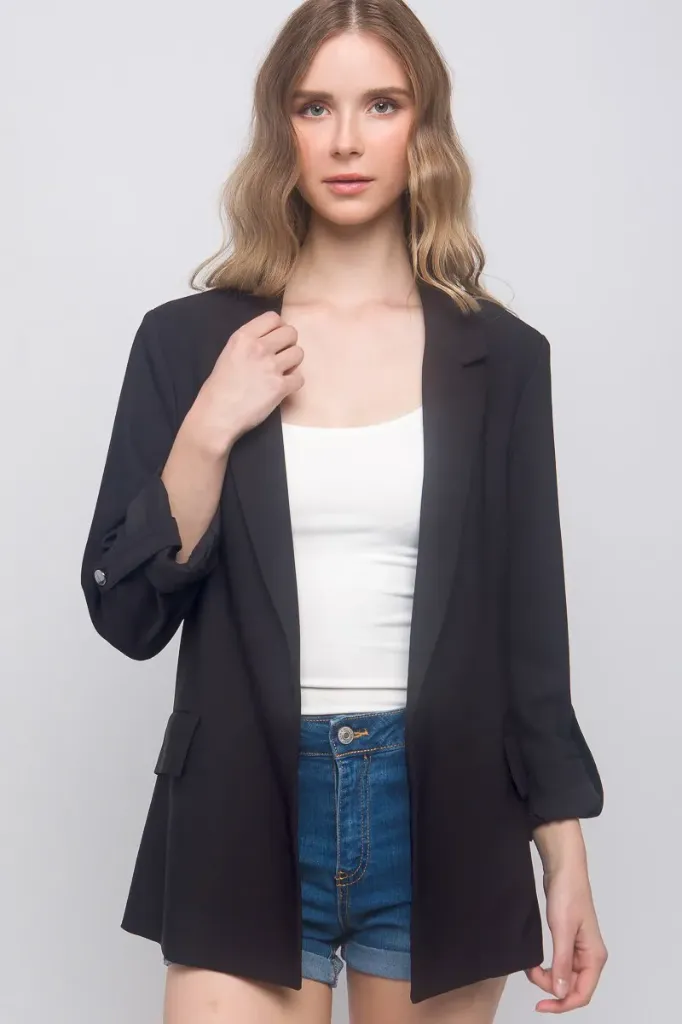 80080JY Blazer de manga 3/4 de tejido solido (Black, S)