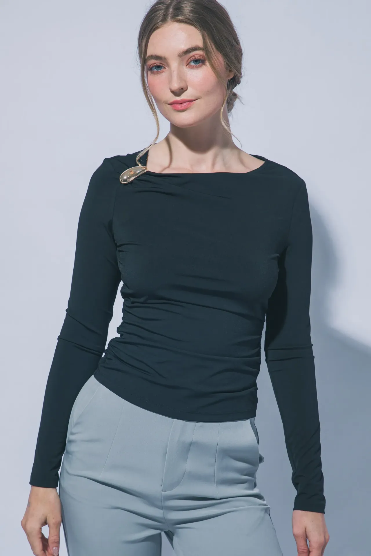 10542TL Ruched Boat-neck Top (Black, S)