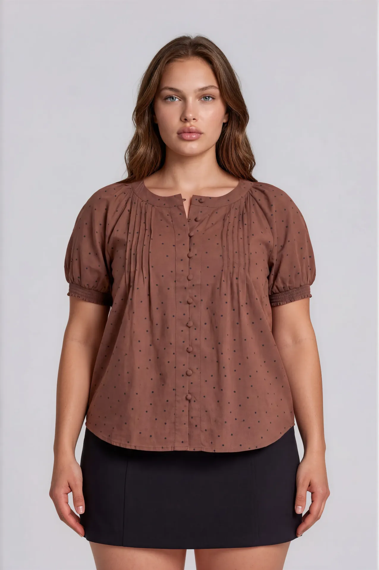 PTB9336 Plus Pintuck Polka Dot Button Down Puff Sleeve Top