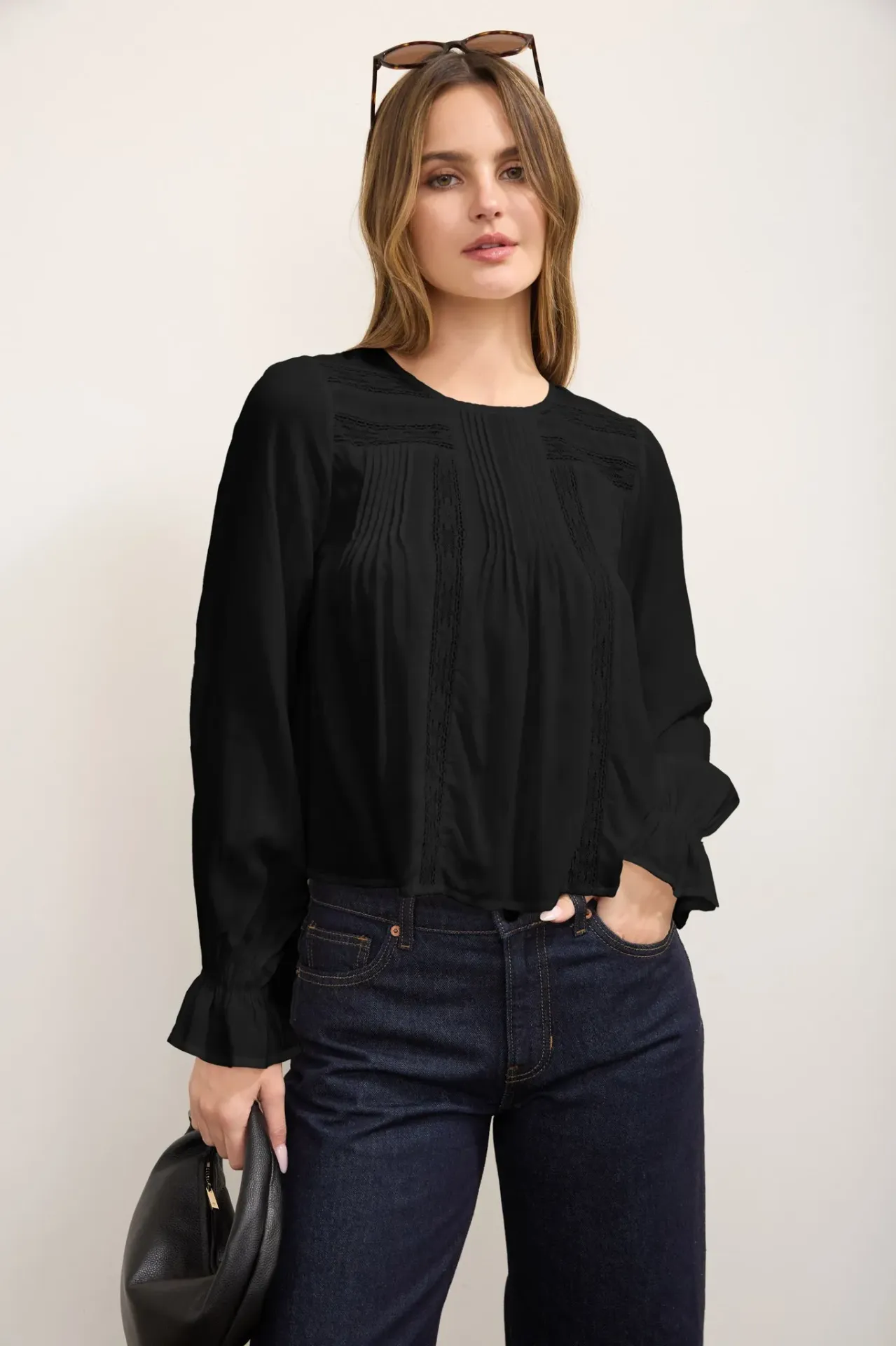 TWS1278 Pintuck Lace Long Sleeve Blouse