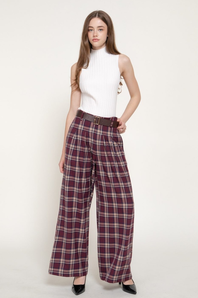 P14823 Pleated Belted Side Zip Plaid Wide Leg Pants (S)