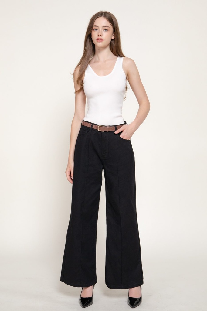 P15646 Mid Rise Belted Front Seam Cotton Twill Pants