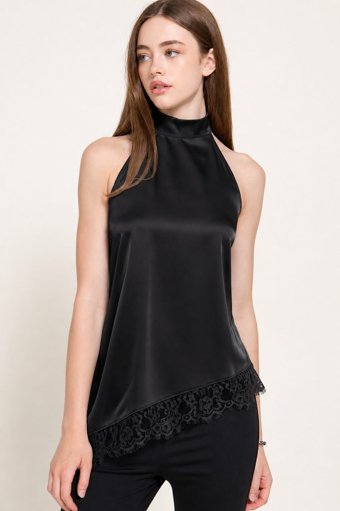 T15635 Halter Neck Satin Top with Asymmetric Lace Hem (S)