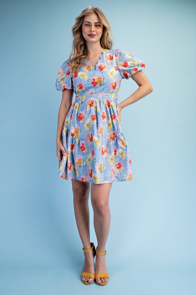 TE1928 Vestido Corto de Manga Globo con Estampado Floral (S)