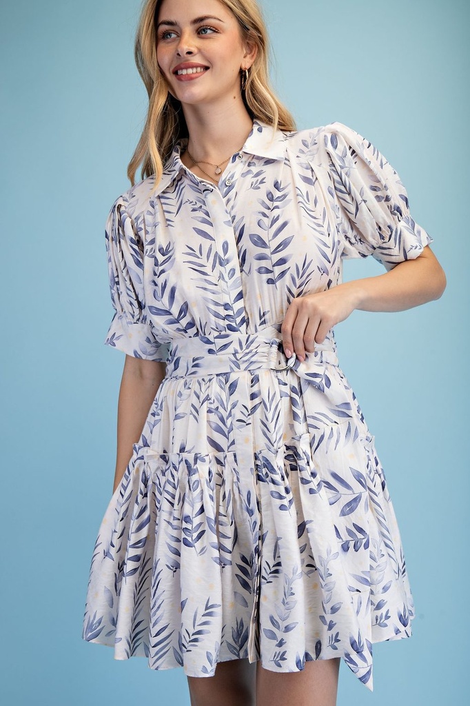 TY1280 Vestido Camisero Corto con Cinturón y Estampado de Hojas (S)