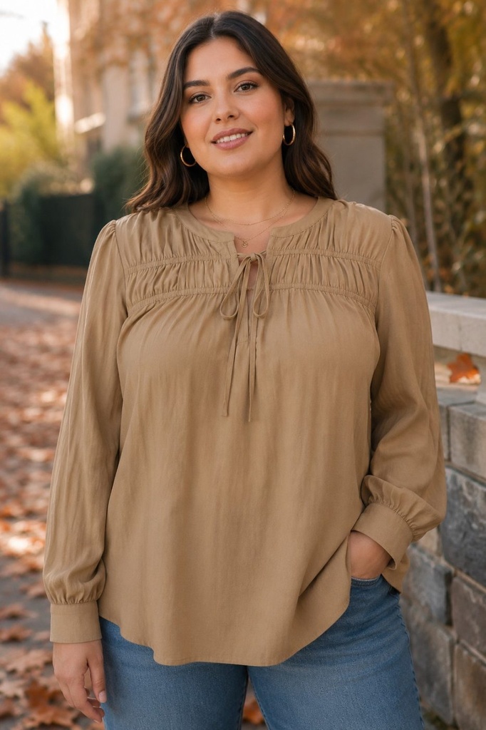 T51512WX Blusa Plus con Alforzas y Moño al Cuello (2XL, Mocha)