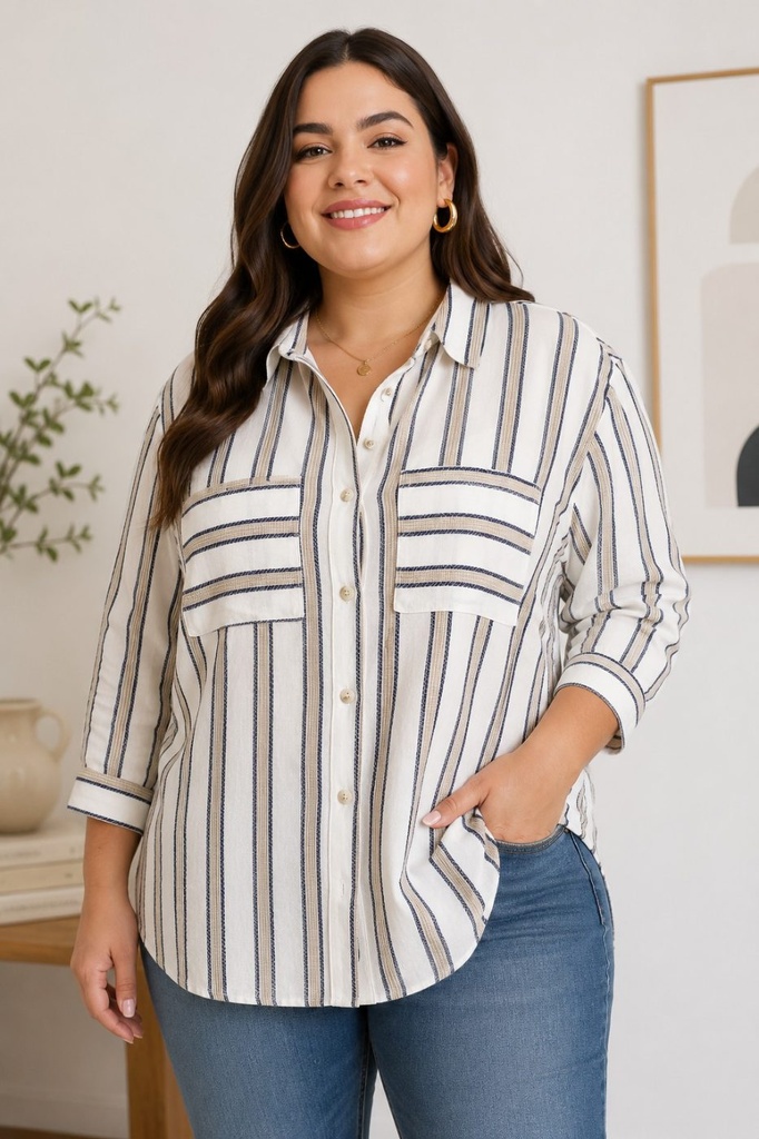 B10878WX Camisa Plus de Rayas con Botones (2XL)