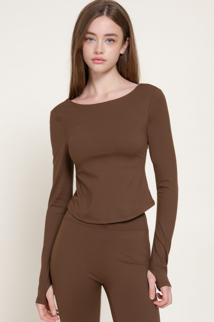 T15664 Top Deportivo de Manga Larga con Espalda Abierta (S, Brown)