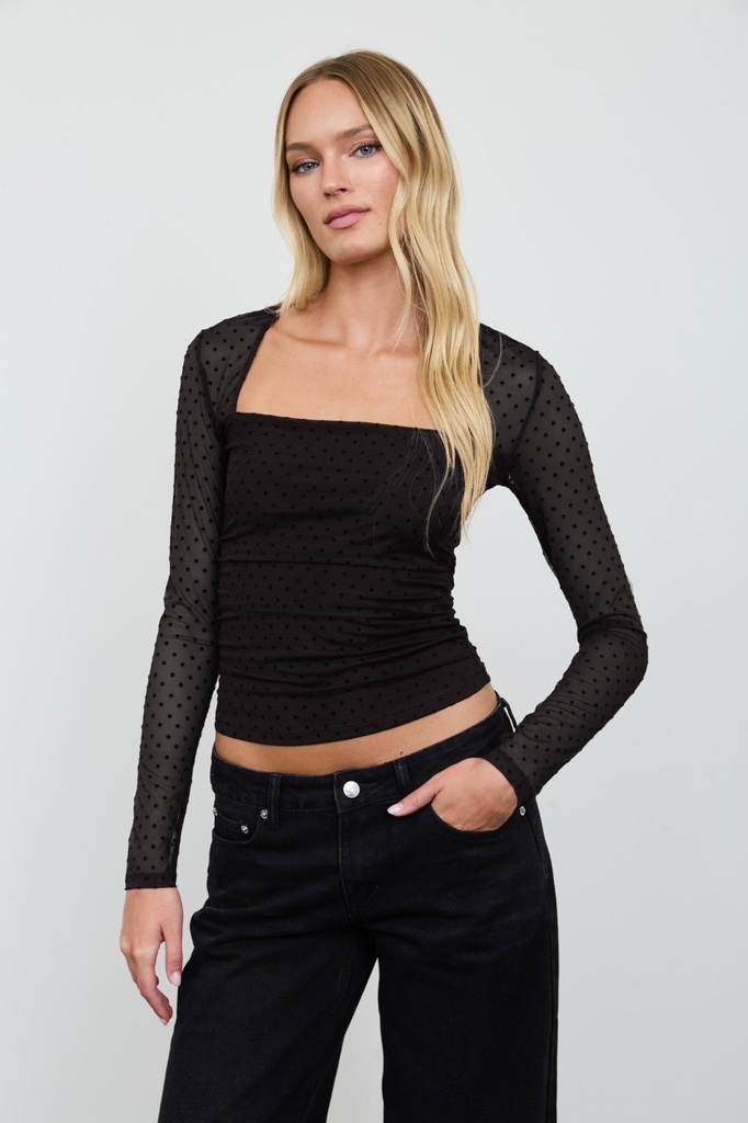 TWS1367 Top de Malla Transparente con Lunares y Escote Cuadrado