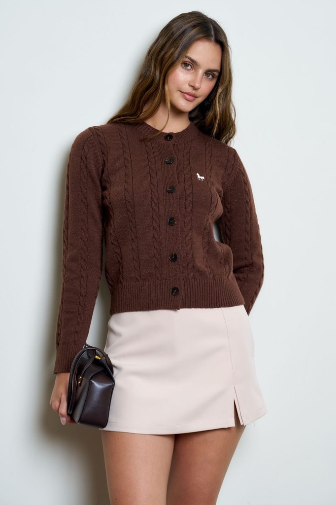 TW2033 Cárdigan de Punto Trenzado con Caballo Bordado (S, Brown)