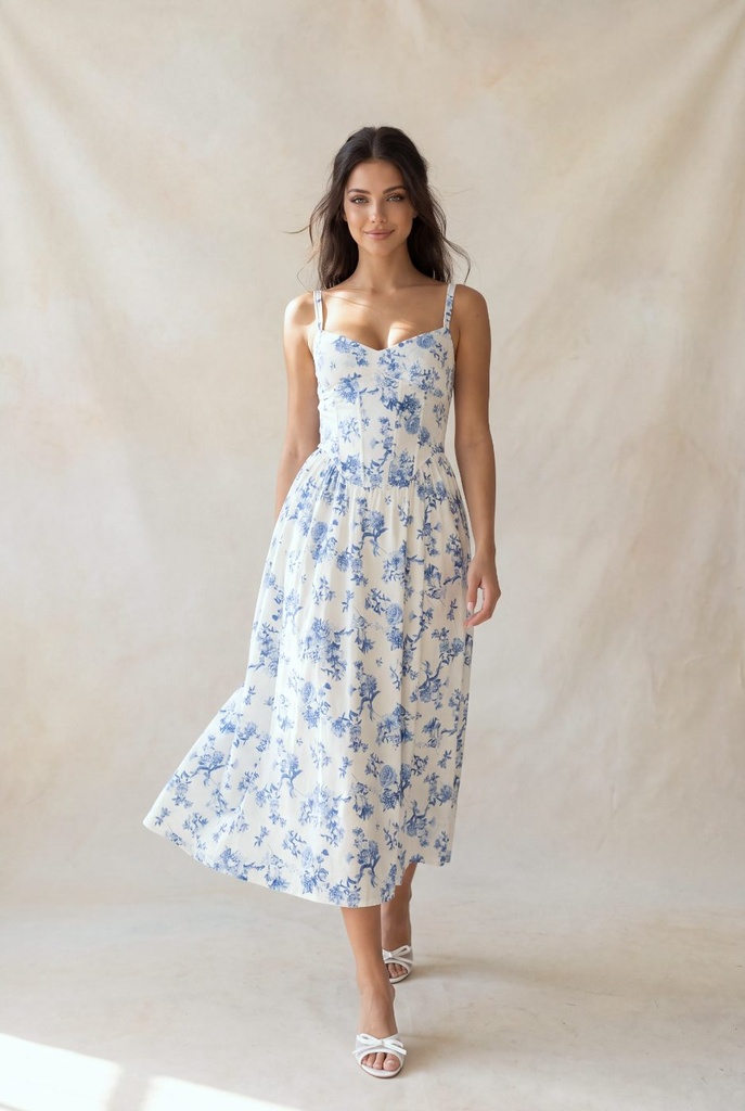 ID6434-U1901 Vestido Midi Floral Entallado con Vuelo
