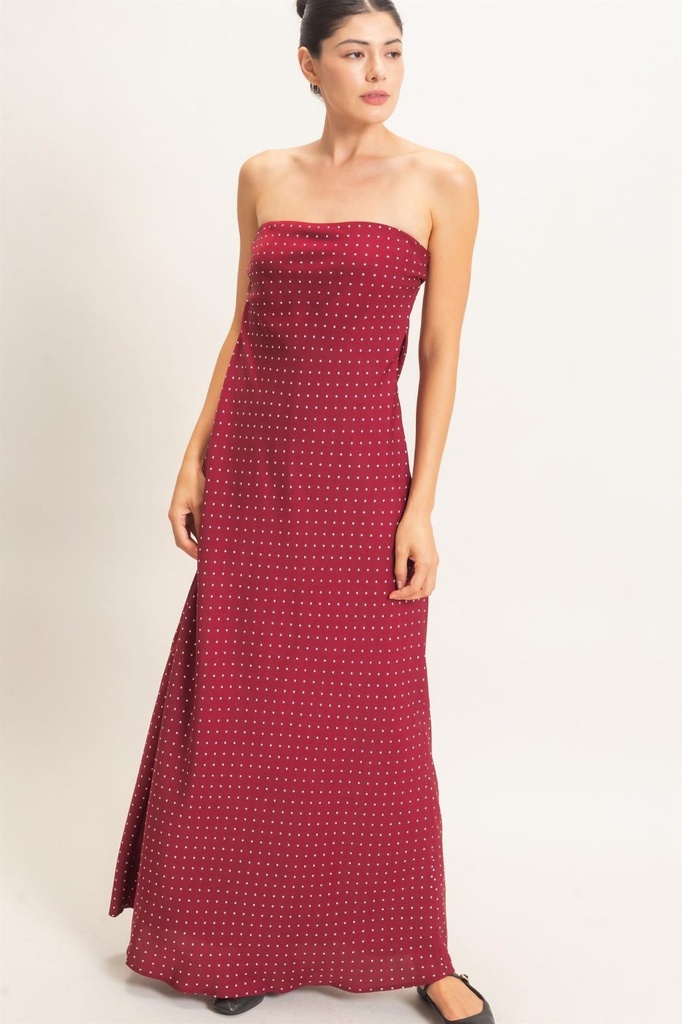 HF26E845 Vestido Largo Strapless de Lunares