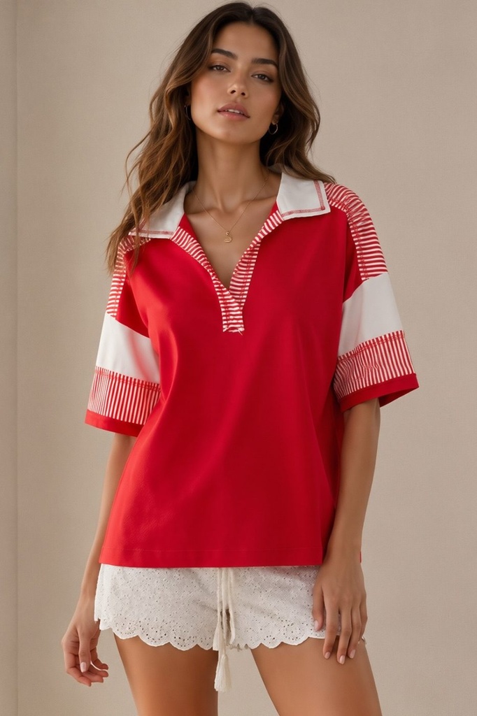 NT12803 Top de Punto Oversize de Media Manga (S, Red)