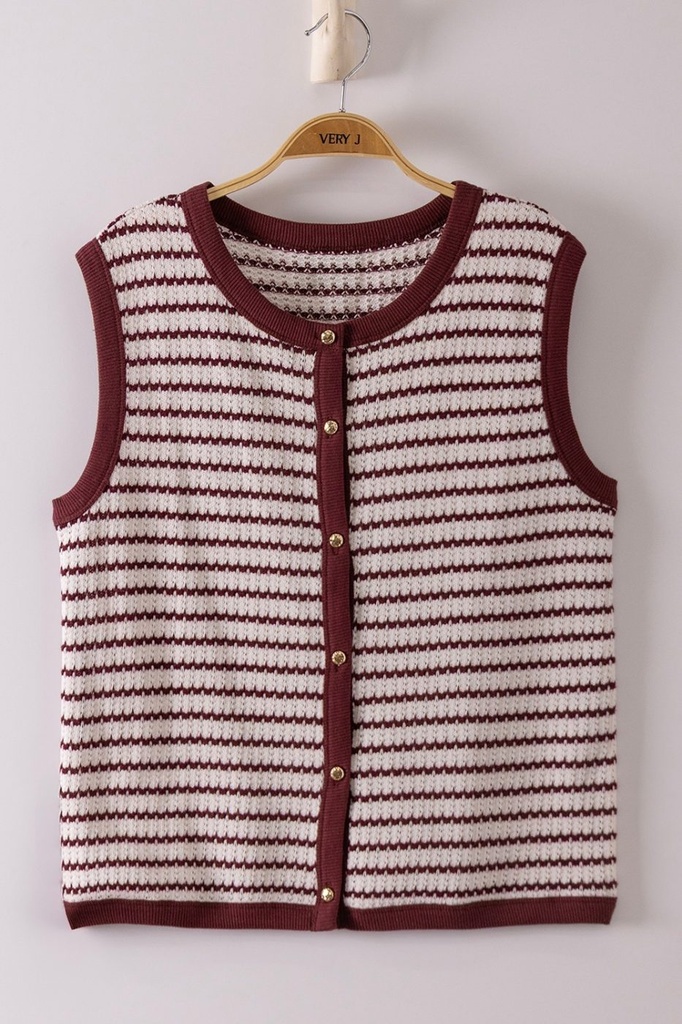 NT12503 Top de Punto a Rayas con Botones (S, Burgundy)