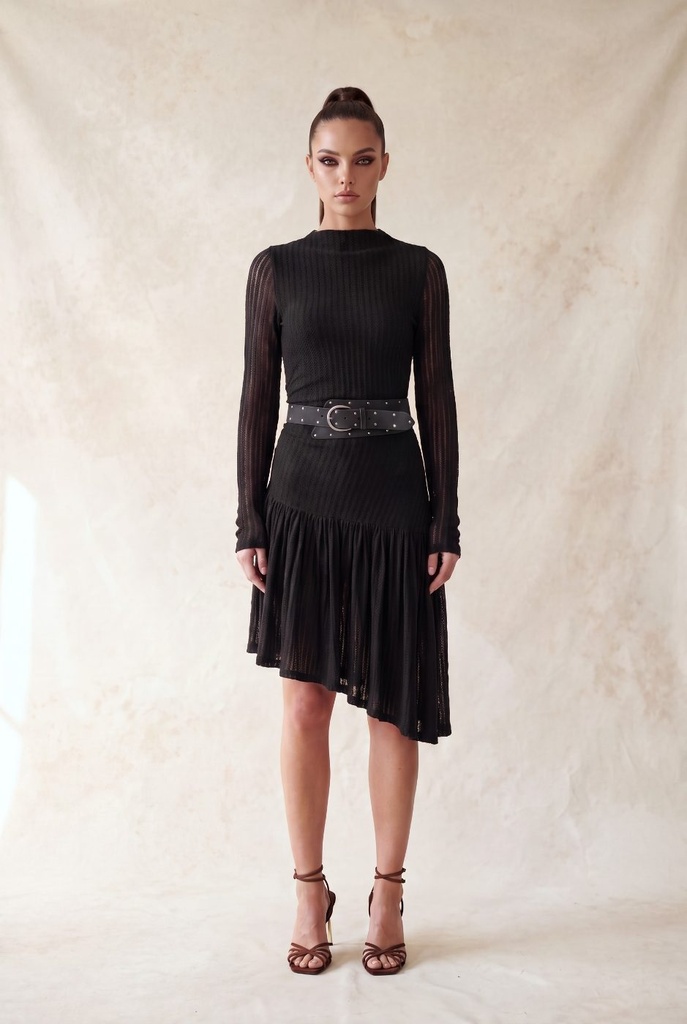 PHMD161 Vestido de Encaje Cuello Alto con Cinturón y Dobladillo Asimétrico (S, Black)