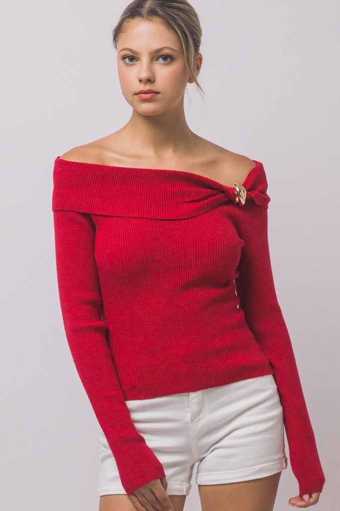 90437TL Hardware Detailed Off The Shoulder Knit Top (S, Red)