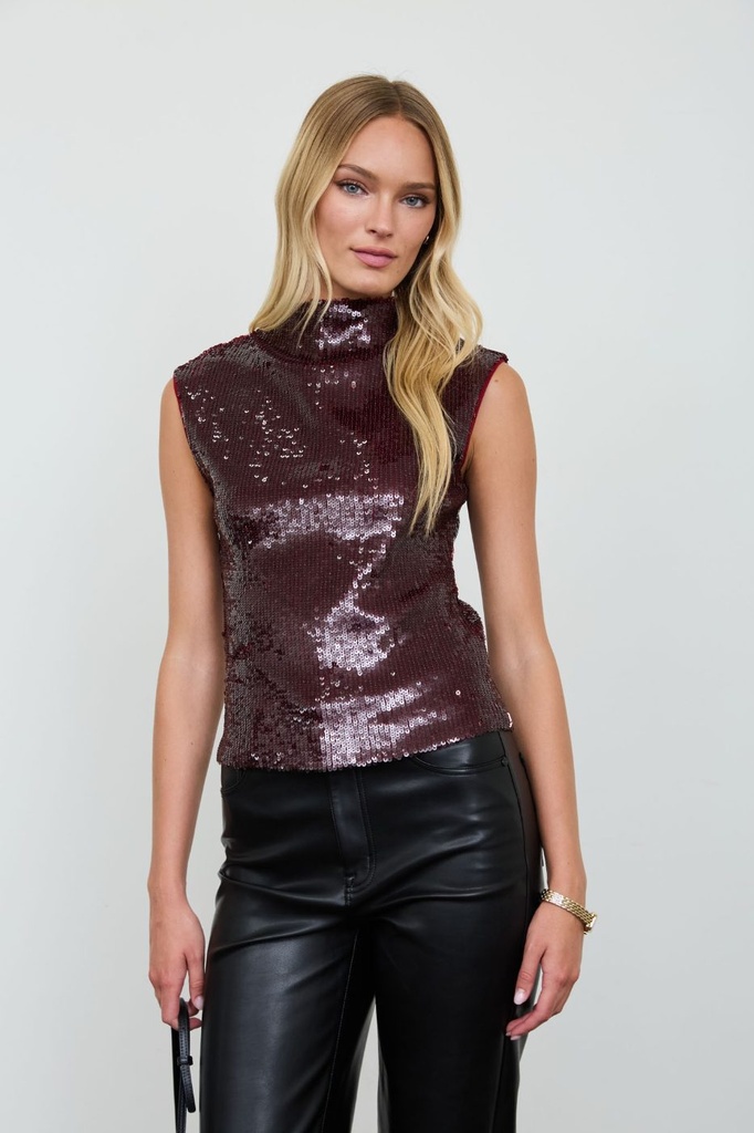 TWS1408 Mock Neck Cap Sleeve Sequin Knit Top (S, Wine)