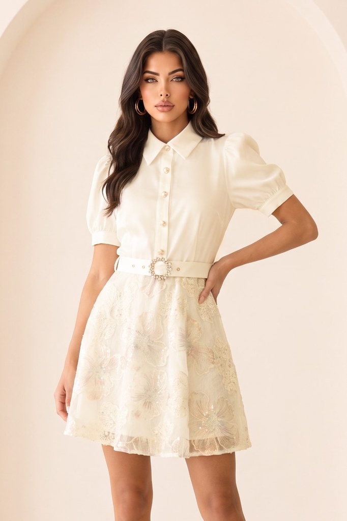 ZD49374-9 Short Sleeve Sequin Mini Dress with Belt (S)
